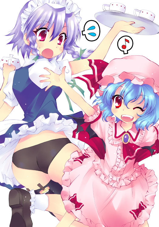 aya_ojo, bat_wings, black_panties, blue_hair, braid, hat, hoshino_madoka, izayoi_sakuya, knife, maid, maid_headdress, multiple_girls, musical_note, panties, red_eyes, remilia_scarlet, short_hair, silver_hair, skirt_flip, thigh_strap, touhou, tray, twin_braids, underwear, wings, wink