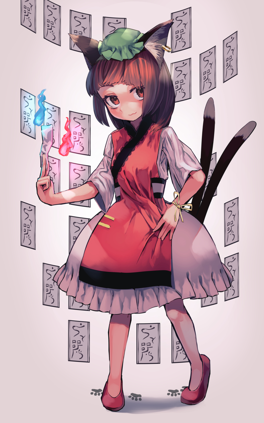 1girl, animal_ears, brown_hair, cat_ears, cat_tail, chen, commentary_request, eyebrows_behind_hair