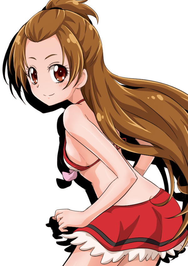 bikini, bikini_skirt, bikini_top, brown_hair, dokidoki!_precure, long_hair, looking_back, madoka_aguri, niita, precure, smile, source_request, swimsuit