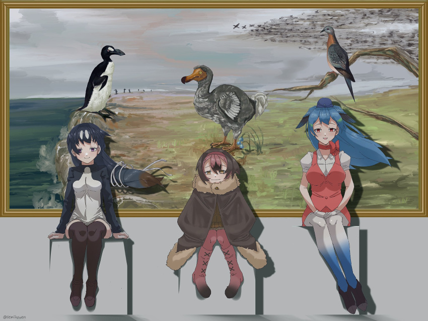 3girls, bare_arms, black_hair, blue_hair, boots, bow, bow_choker, bowtie