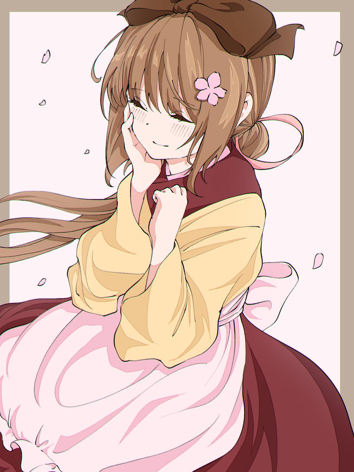 apron, blush, bow, brown_hair, cherry_blossoms, closed_eyes, closed_mouth, cowboy_shot, cropped_background, flower, frilled_apron, frills, hair_bow, hair_flower, hair_ornament, hand_on_own_cheek, hand_on_own_face, highres, idolmaster, idolmaster_cinderella_girls, japanese_clothes, kimono, long_sleeves, petals, ponytail, smile, suikauri2222, wide_sleeves, yorita_yoshino