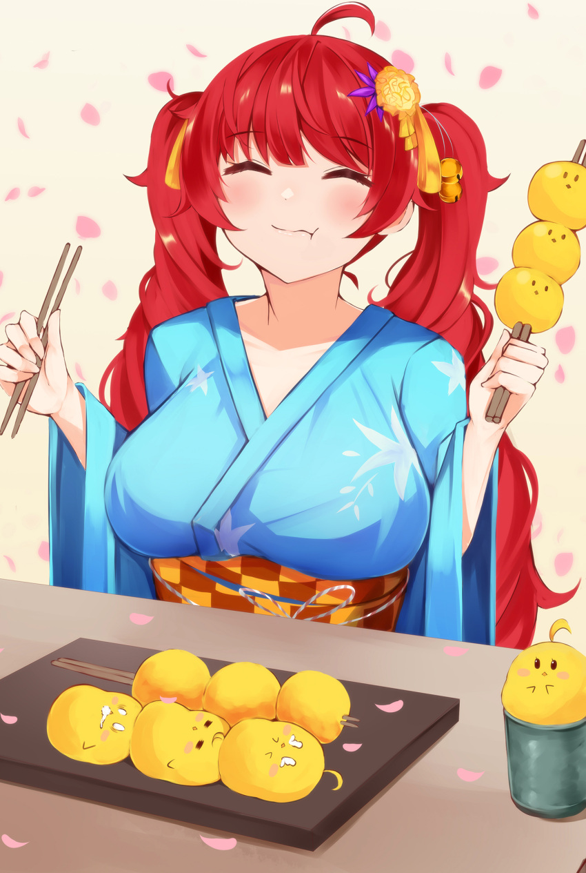 1girl, ahoge, azur_lane, bell, blue_kimono, breasts, chopsticks, closed_eyes