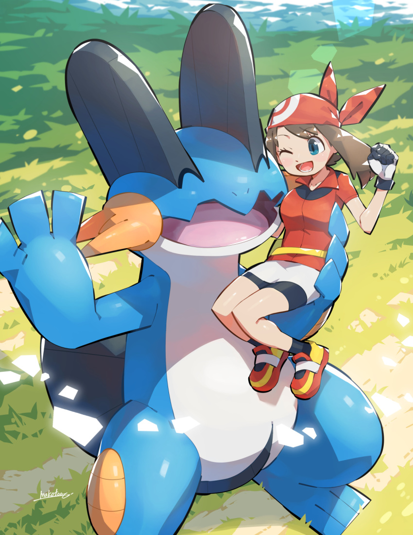 1girl, ;d, bangs, bike_shorts, black_legwear, blue_eyes, brown_hair, carrying