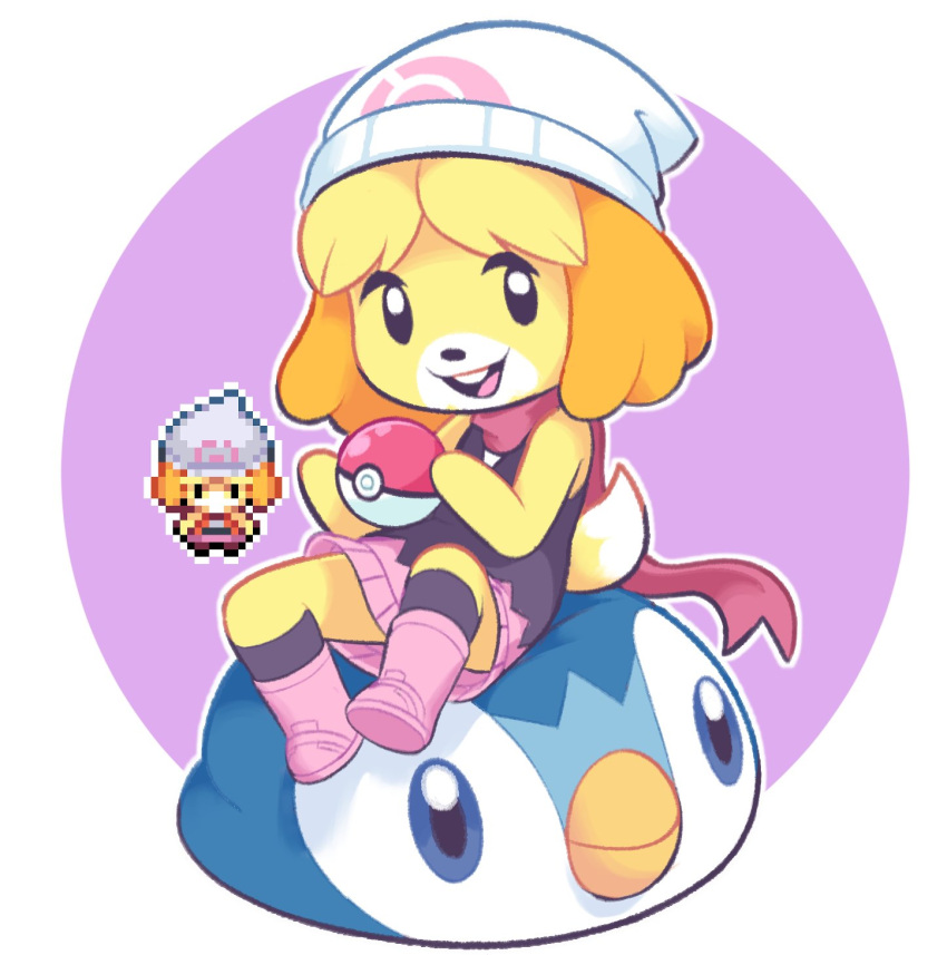 1girl, :d, animal_crossing, animal_ears, bangs, beanie, black_legwear, black_shirt, blonde_hair, boots, buck_teeth, cosplay, hikari_(pokemon), hikari_(pokemon)_(cosplay), dog_ears, dog_girl, dog_tail, furry, gen_4_pokemon, hat, highres, holding, holding_poke_ball, isabelle_(animal_crossing), looking_at_viewer, open_mouth, pink_background, pink_footwear, pink_skirt, piplup, pixel_art, poke_ball, poke_ball_symbol, pokemon, red_scarf, scarf, shirt, simple_background, sitting, skirt, smile, socks, starman_jr., tail, white_background, white_headwear