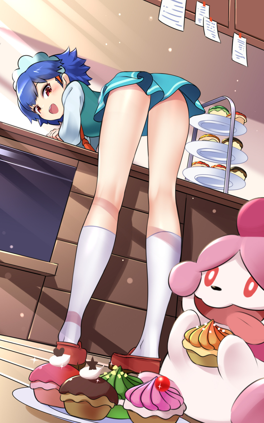 1girl, :d, absurdres, ass, bent_over, blue_hair, blush, brown_footwear