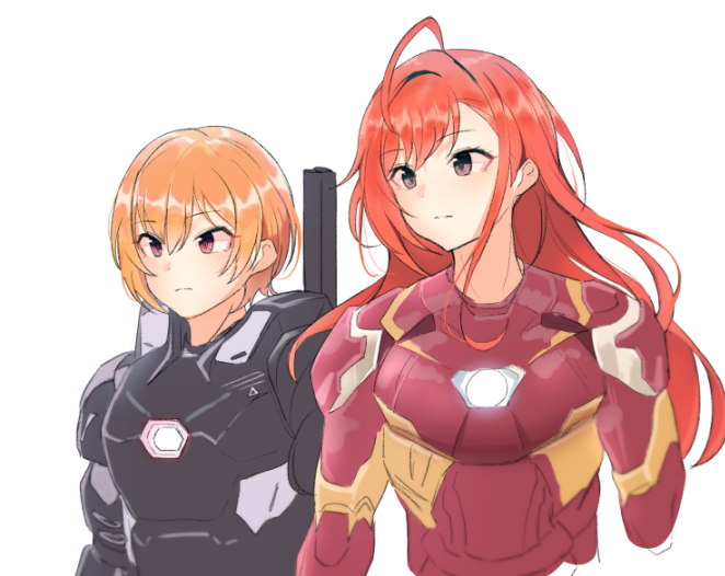 2girls, ahoge, alternate_costume, arisugawa_natsuha, cosplay, cropped_arms, expressionless, idolmaster, idolmaster_shiny_colors, iron_man, iron_man_(comics), iron_man_(cosplay), looking_away, looking_to_the_side, marvel, multiple_girls, no_headwear, no_helmet, orange_hair, phobishu, power_armor, redhead, saijou_juri, simple_background, upper_body, war_machine, war_machine_(cosplay), white_background
