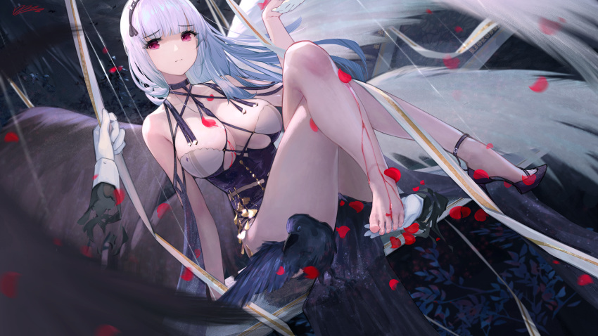 1girl, absurdres, azur_lane, bangs, barefoot, bird, black_hairband, blood_on_leg, breasts, clothing_cutout, collar, crossed_legs, crow, dido_(azur_lane), eyebrows_visible_through_hair, frilled_shirt, frills, hairband, high-waist_skirt, high_heels, highres, huge_filesize, kioroshin, long_hair, petals, red_eyes, shirt, shoes, silver_hair, single_shoe, sitting, skirt, sleeveless, sleeveless_shirt, solo, thighs, toes, under_boob, underboob_cutout, white_shirt, wings