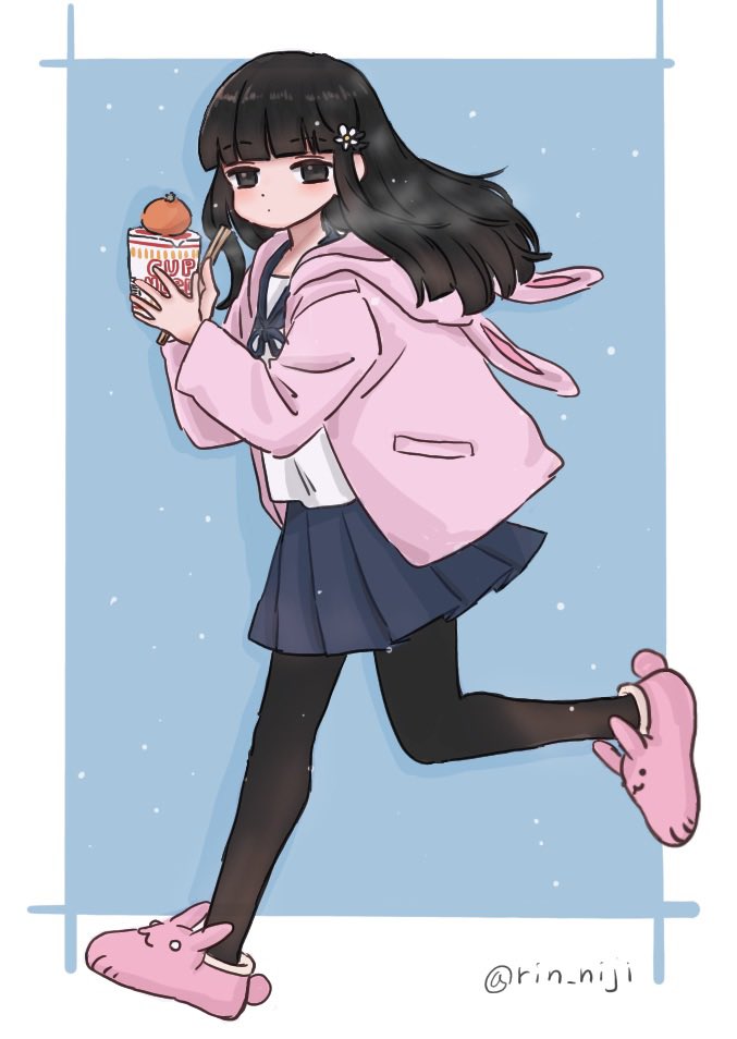1girl, animal_hood, animal_slippers, bangs, black_eyes, black_hair, black_legwear, blue_skirt, blunt_bangs, chopsticks, eyebrows_visible_through_hair, food, fruit, hair_ornament, hatsuyuki_(kancolle), hime_cut, holding, holding_chopsticks, hood, hood_down, jacket, kantai_collection, long_hair, long_sleeves, orange_(food), pantyhose, pink_jacket, ramen, rin_(rin_niji), sailor_collar, school_uniform, serafuku, simple_background, skirt, slippers, solo, twitter_username, two-tone_background, walking