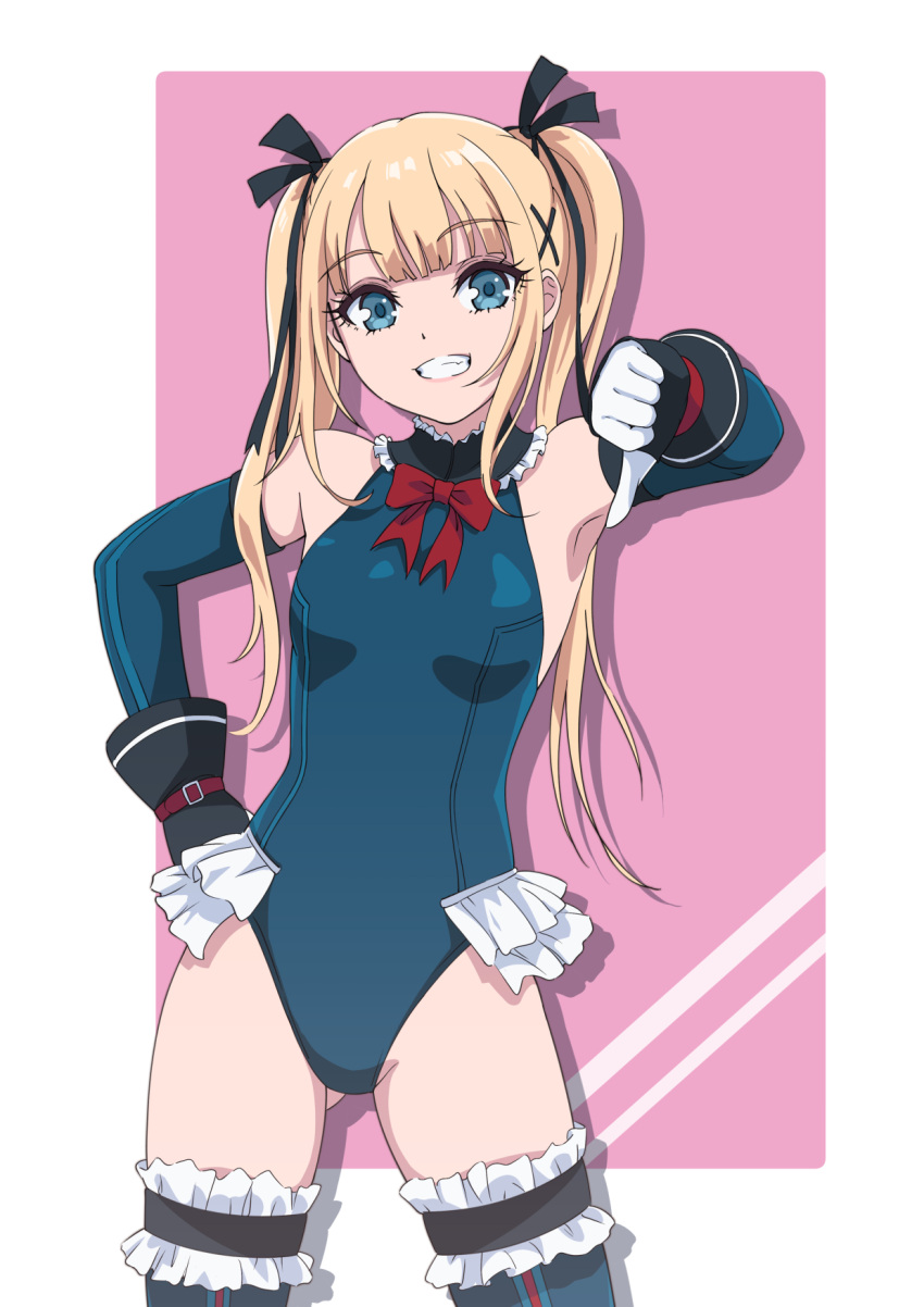1girl, black_legwear, blonde_hair, blue_leotard, cowboy_shot, dead_or_alive, dead_or_alive_5, elbow_gloves