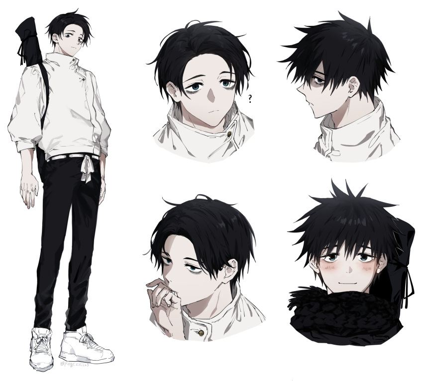1boy, arms_at_sides, bangs, belt, black_eyes, black_hair, black_pants, black_scarf