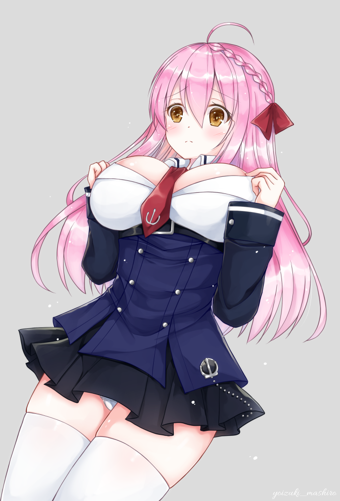1girl, ahoge, azur_lane, black_skirt, blush, bow, breasts, female