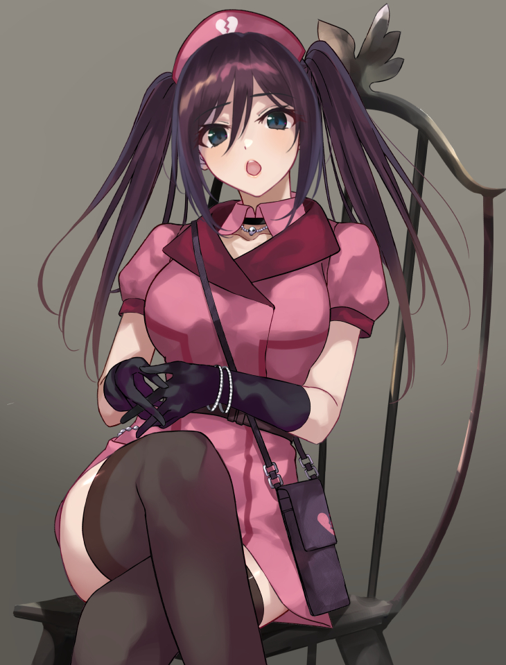 1girl, bag, black_legwear, bracelet, brown_hair, chair, choker, crossed_legs