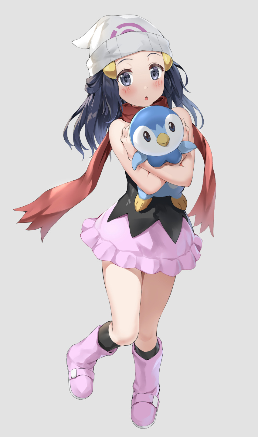 1girl, :o, absurdres, bare_shoulders, beanie, black_hair, black_legwear, black_shirt, blue_eyes, blush, boots, hikari_(pokemon), full_body, gen_4_pokemon, grey_background, hair_ornament, hat, highres, holding, long_hair, looking_at_viewer, nedia_(nedia_region), open_mouth, pink_footwear, piplup, pokemon, pokemon_(creature), pokemon_(game), pokemon_dppt, red_neckwear, red_scarf, scarf, shirt, sidelocks, simple_background, skirt, sleeveless, standing, standing_on_one_leg, starter_pokemon, white_headwear