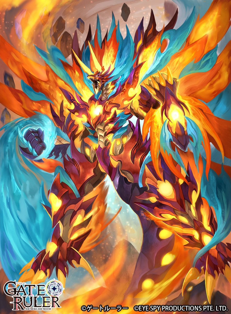 clenched_hands, copyright_name, detonizer, dragon, energy_wings, fantasy, gate_ruler, glowing, glowing_eyes, highres, horns, logo, looking_ahead, mecha, no_humans, official_art, open_hands, sharp_teeth, shousuke_(skirge), single_horn, solo, teeth, yellow_eyes