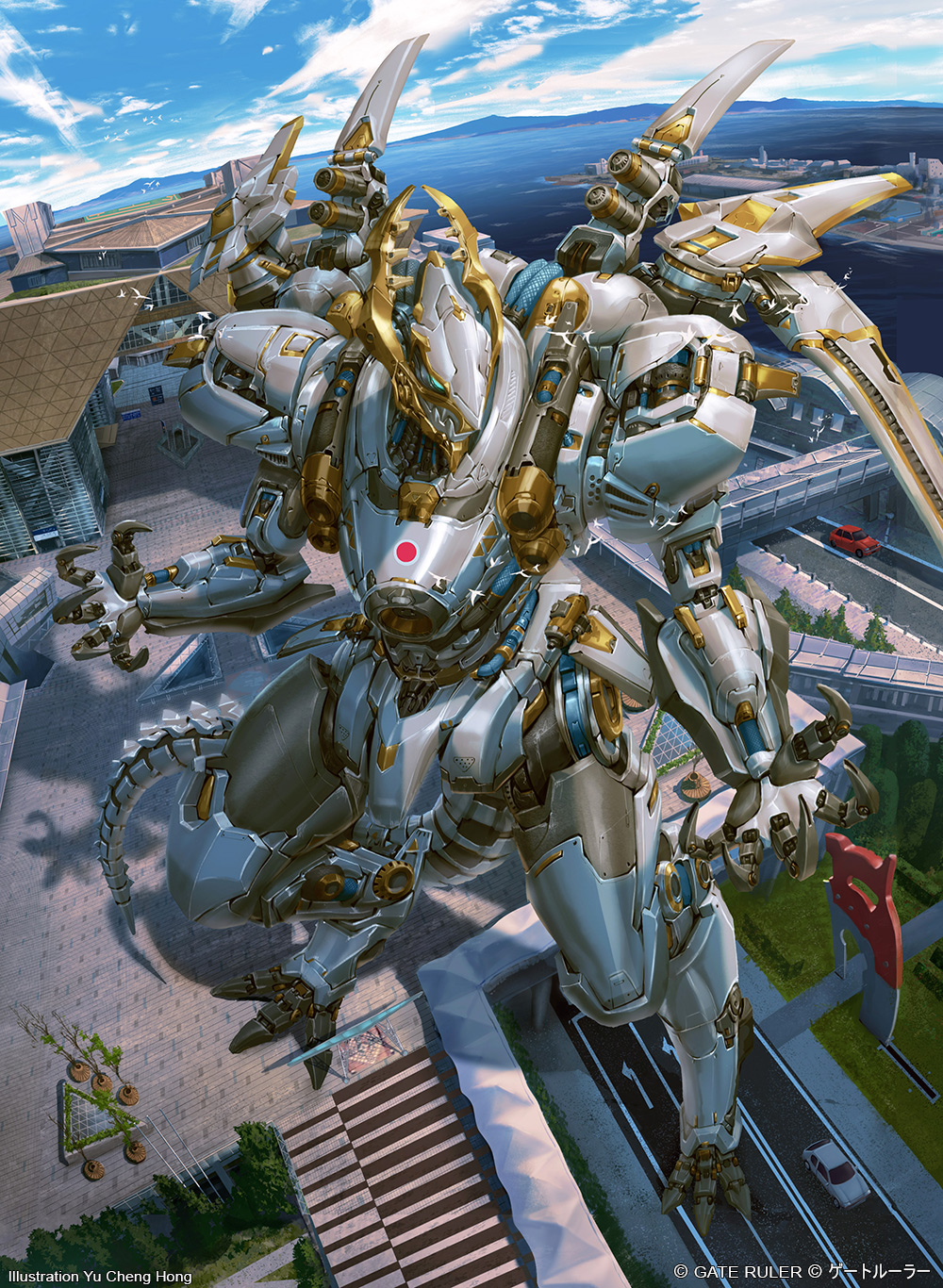 artist_name, blue_eyes, car, city, copyright_name, from_above, gate_ruler, ground_vehicle, highres, mecha, motor_vehicle, naruikazuchi, no_humans, official_art, open_hands, science_fiction, solo, standing, yu_cheng_hong