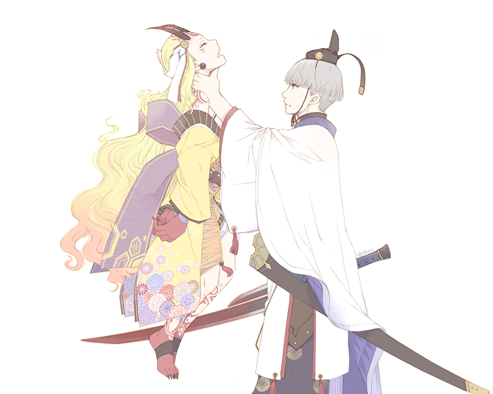 1boy, 1girl, blonde_hair, cape, fate/grand_order, fate_(series), grey_hair, hat
