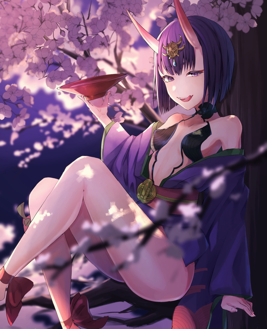 1girl, absurdres, ankle_ribbon, bob_cut, breasts, cherry_blossoms, cup, eyeliner