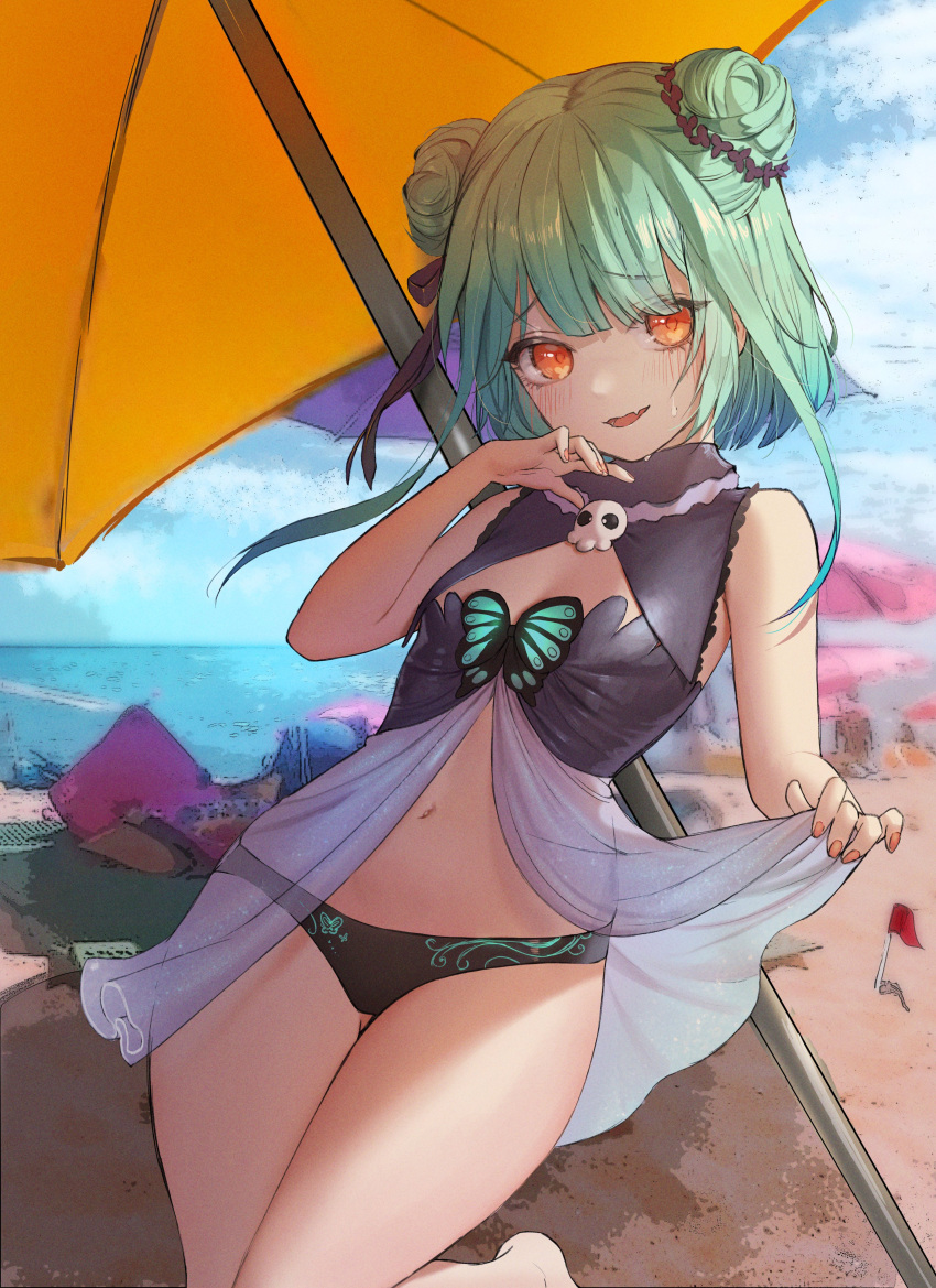 1girl, absurdres, animal_print, bangs, beach, beach_umbrella, blush, bow