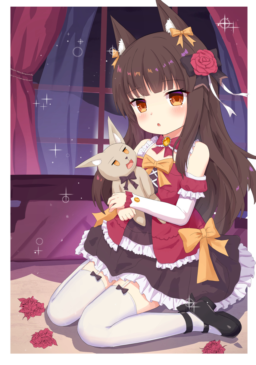 1girl, absurdres, akagi_(warship_girls_r), animal_ear_fluff, animal_ears, black_footwear, bow, brown_dress