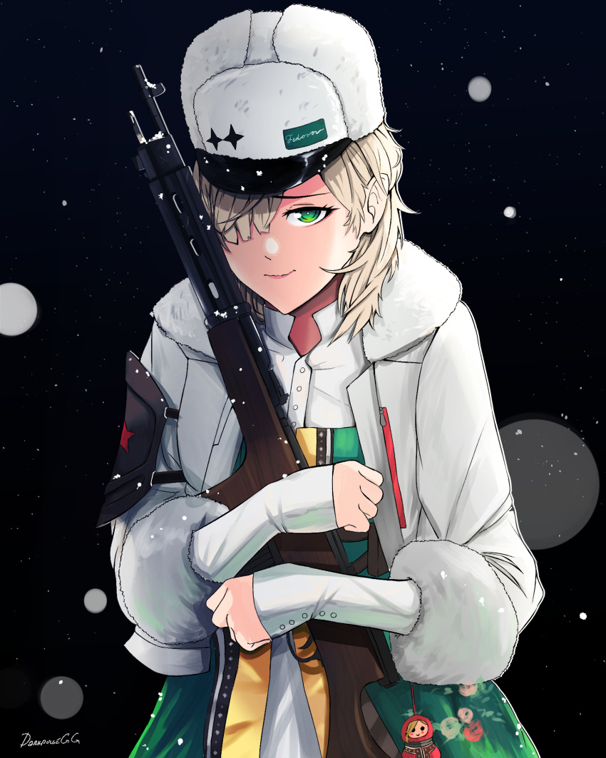 1girl, artist_name, blonde_hair, closed_mouth, darkpulsegg, eyebrows_visible_through_hair, fedorov_(girls_frontline), fedorov_avtomat
