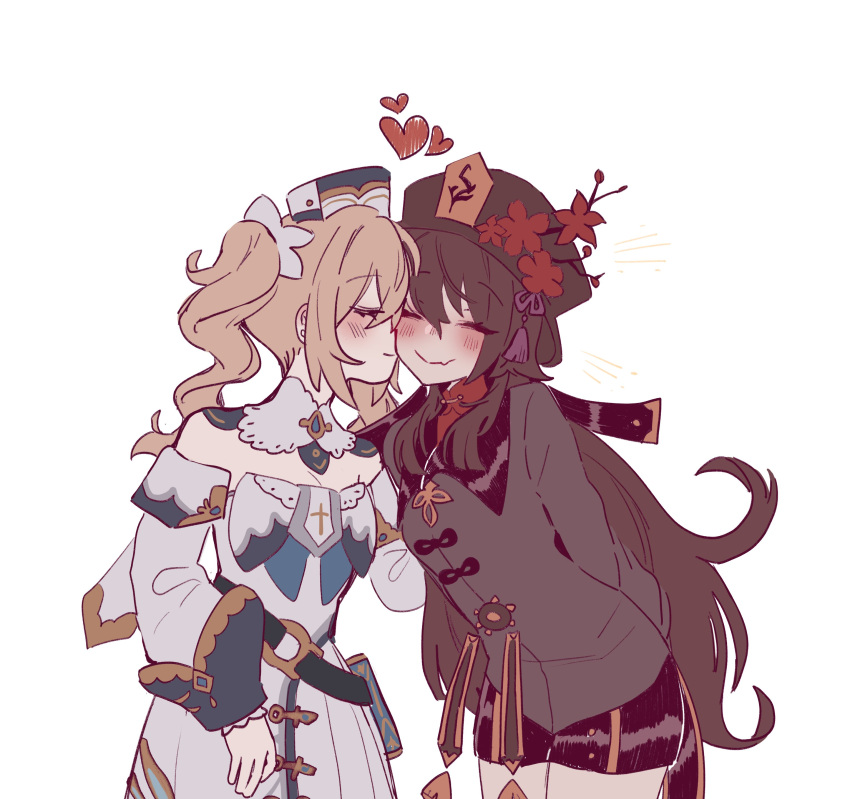 2girls, absurdres, barbara_(genshin_impact), blonde_hair, blush, brown_hair, bunsketches, cheek_kiss, closed_eyes, coat, dress, eyebrows_visible_through_hair, genshin_impact, gloves, hat, heart, highres, hu_tao, kiss, long_hair, multiple_girls, shorts, simple_background, tied_hair, twintails, white_background, yuri