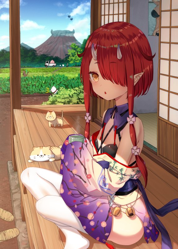 1girl, cat, commentary, cup, dog, floral_print, ground_vehicle, hoozuki_warabe