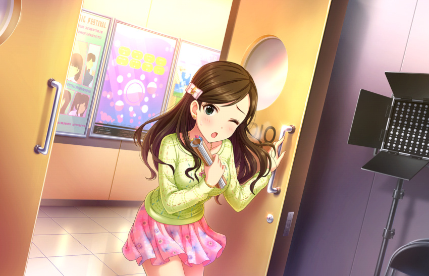 blush, brown_eyes, brown_hair, dress, etou_misaki_(idolmaster), idolmaster_cinderella_girls_starlight_stage, long_hair, smile, wink