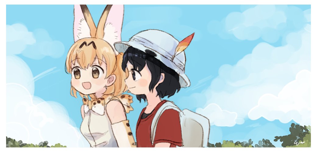 2girls, animal_ears, backpack, bag, bare_shoulders, black_hair, blonde_hair, blue_eyes