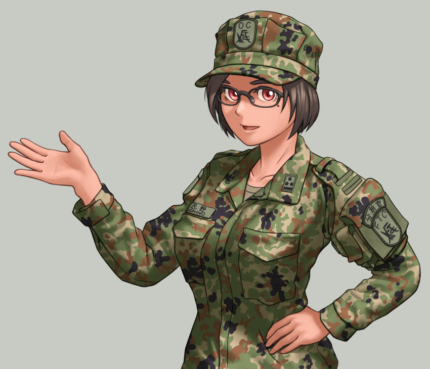 1girl, black_hair, camouflage, camouflage_headwear, camouflage_jacket, glasses, grey_background, highres