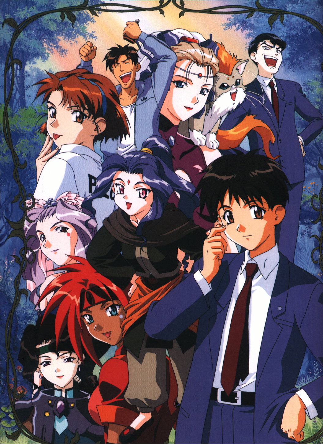 1990s_(style), 3boys, 6+girls, :d, :p, afura_mann, alielle, animal_on_shoulder