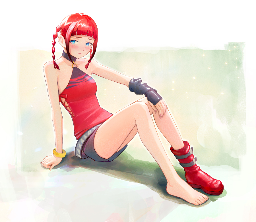 1girl, asukagawa_chise, bangs, belt, black_shorts, blue_eyes, blunt_bangs, blush, full_body, hand_on_own_knee, knees_up, looking_at_viewer, mismatched_footwear, o-ring, red_footwear, red_shirt, redhead, shirt, short_shorts, short_twintails, shorts, sidelocks, sitting, sleeveless, ssss.dynazenon, twintails, white_background, wristband, yellow_wristband, yugen99