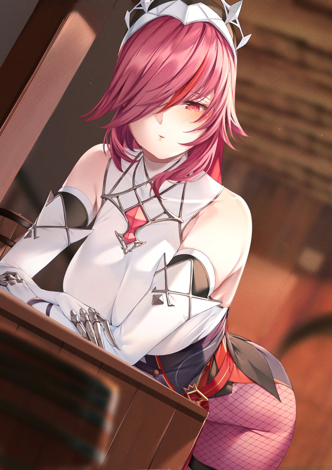 1girl, amagimei, bangs, bare_shoulders, barrel, bent_over, blurry, blurry_background