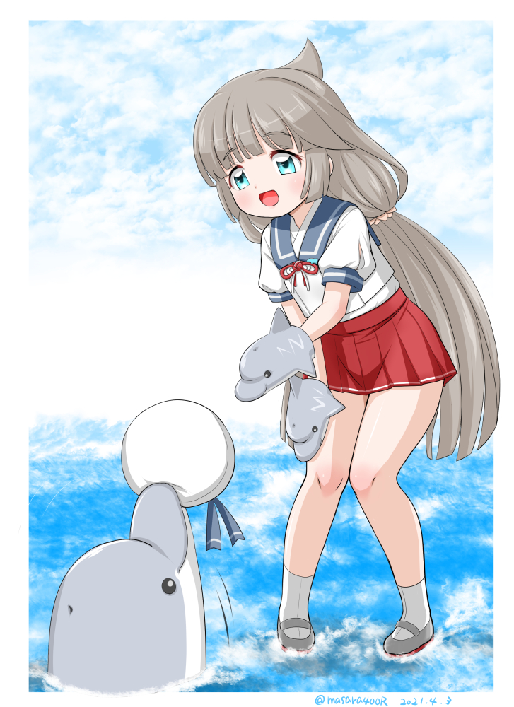 1girl, blue_sailor_collar, commentary_request, dated, dolphin, full_body, green_eyes, grey_hair