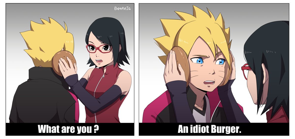 1boy, 1girl, benteja, black_eyes, black_hair, blonde_hair, blue_eyes, blue_hair