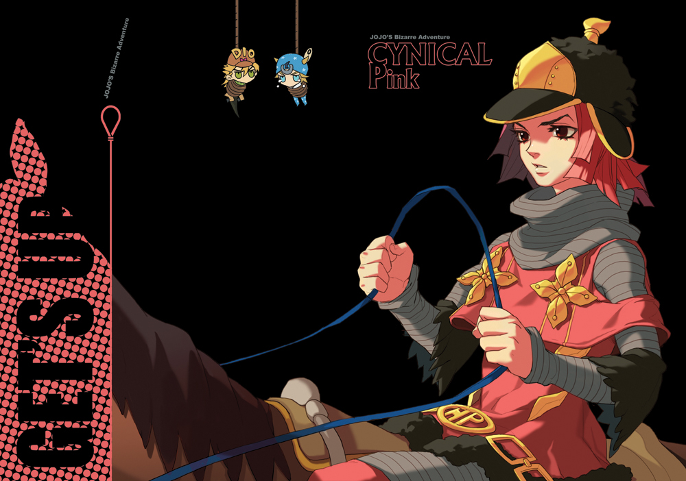 blue_eyes, chibi, diego_brando, fur, green_eyes, hat, horse, hot_pants_(sbr), johnny_joestar, jojo_no_kimyou_na_bouken, pink_hair, red_eyes, rope, scary_monster_(stand), stand_(jojo), steel_ball_run, tem_(artist), tied_up