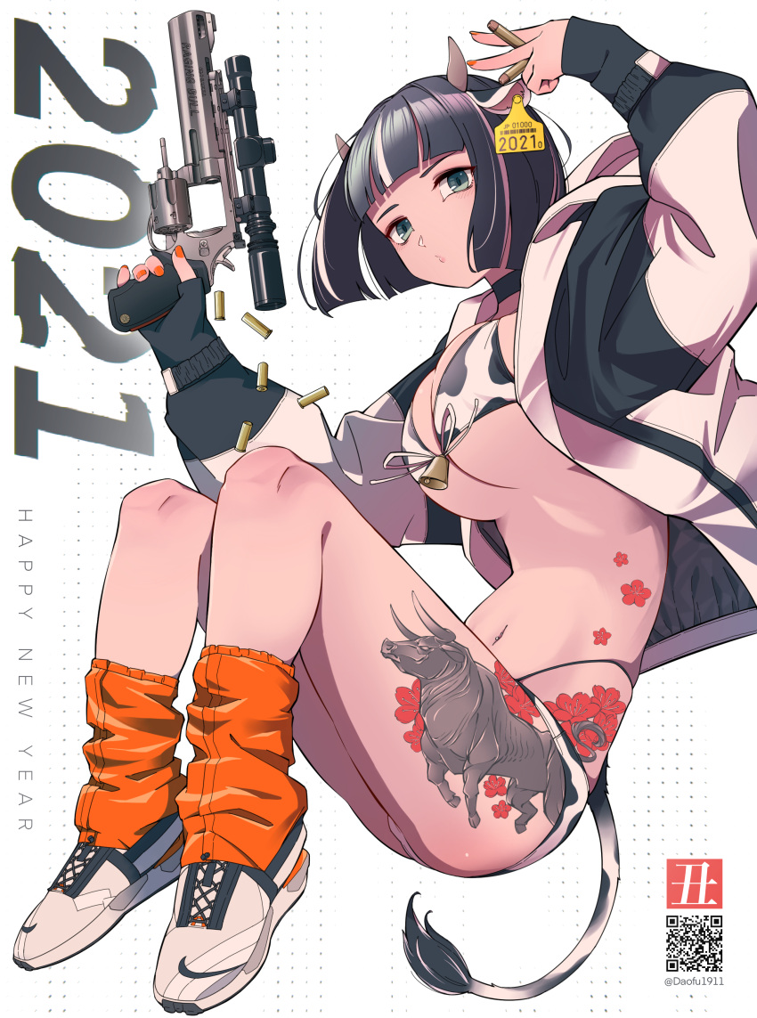 1girl, 2021, absurdres, animal_ears, animal_print, bangs, bell, bikini