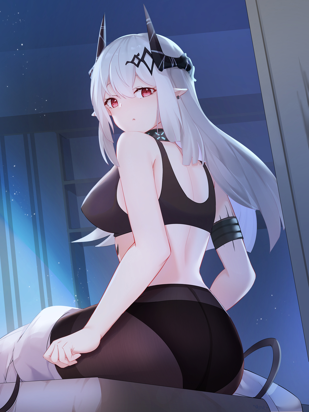 1girl, arknights, ass, back, black_choker, black_legwear, black_panties, breasts