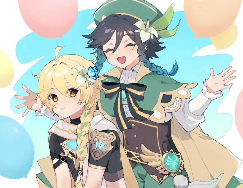 2boys, aether_(genshin_impact), ahoge, androgynous, bangs, beret, black_hair, blonde_hair