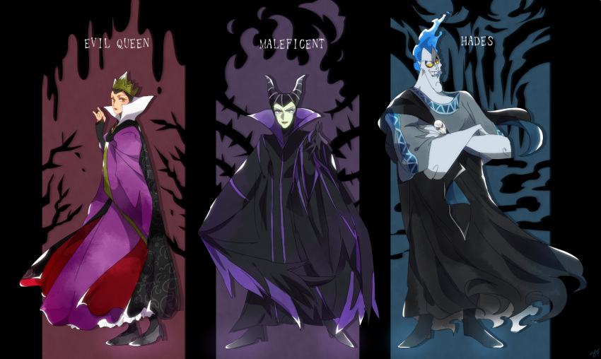 1boy, 2girls, airagency1005, black_gloves, blue_hair, cape, colored_sclera, colored_skin