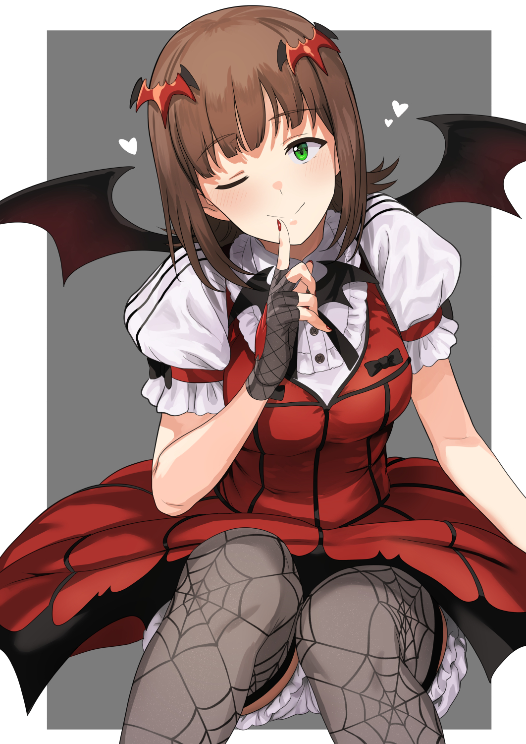 1girl, ;), amami_haruka, bangs, bat_hair_ornament, bat_wings, black_bow, bloomers, blush, bow, breasts, brown_hair, closed_mouth, dress, dress_bow, eyebrows_visible_through_hair, feet_out_of_frame, finger_to_mouth, fingerless_gloves, gloves, green_eyes, grey_gloves, grey_legwear, hair_ornament, head_tilt, heart, highres, idolmaster, index_finger_raised, invisible_chair, large_breasts, leaning_forward, looking_at_viewer, my_dear_vampire_(idolmaster), nail_polish, one_eye_closed, print_legwear, puffy_short_sleeves, puffy_sleeves, red_dress, red_nails, short_hair, short_sleeves, sidelocks, sitting, smile, solo, spider_web_print, thigh-highs, tsurui, underwear, wings