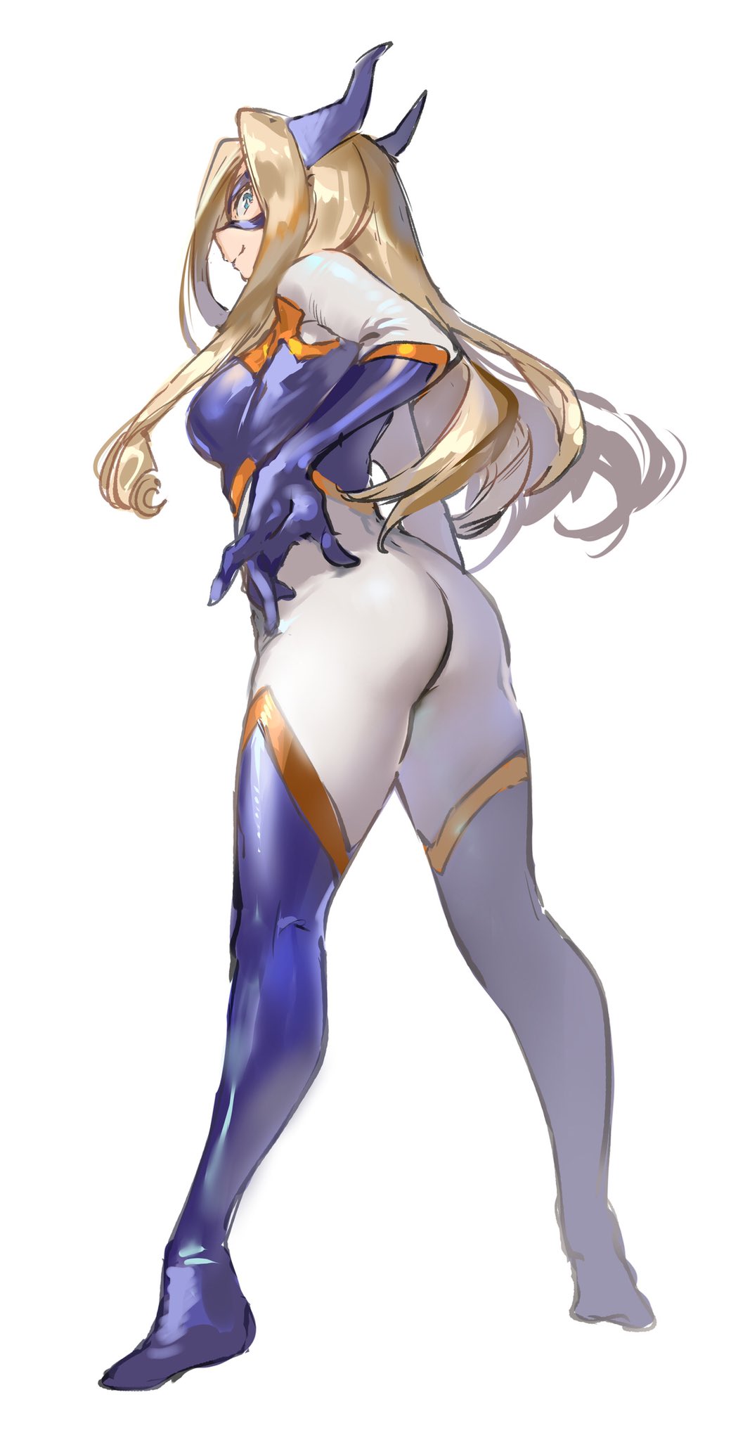 1girl, akiyama_youkou, ass, blonde_hair, blue_eyes, bodysuit, boku_no_hero_academia, closed_mouth, commentary, domino_mask, from_behind, full_body, gloves, hand_on_hip, highres, horns, long_hair, looking_back, mask, mount_lady, purple_footwear, purple_gloves, purple_horns, ringlets, shiny, shiny_clothes, simple_background, sketch, skin_tight, smile, solo, standing, white_background