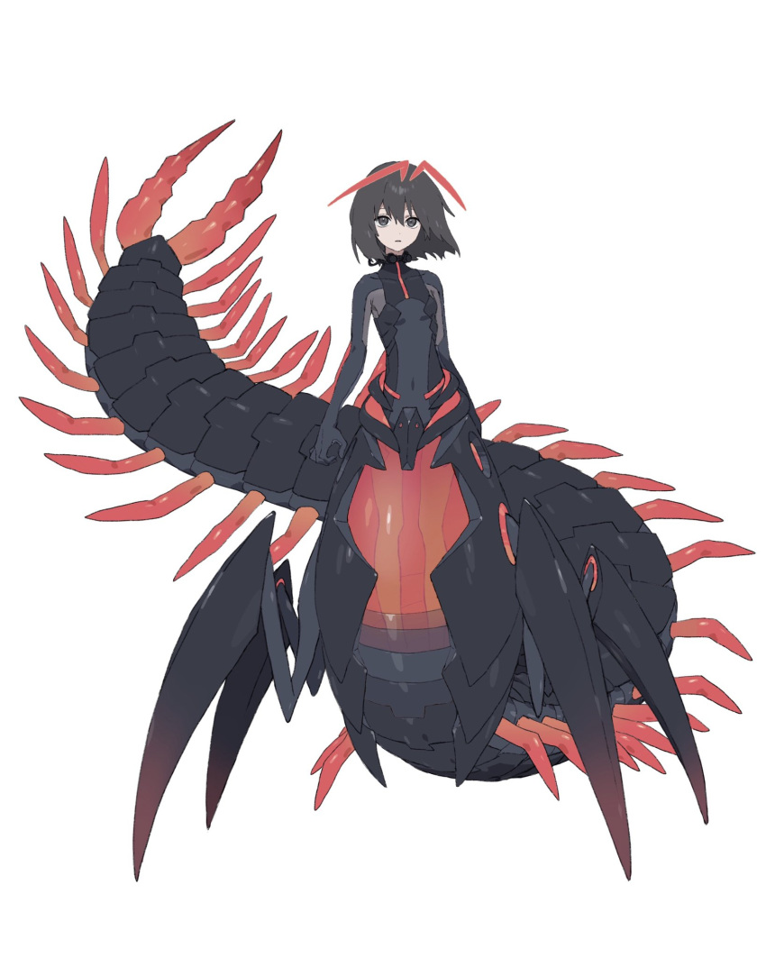 1girl, antennae, armor, arms_at_sides, arthropod_girl, black_hair, bodysuit, breasts