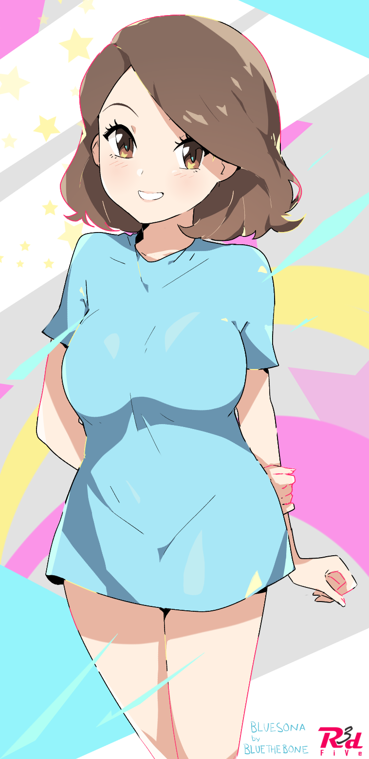 1girl, arm_behind_back, artist_logo, blue_shirt, bluethebone_(character), borrowed_character, breasts, brown_eyes