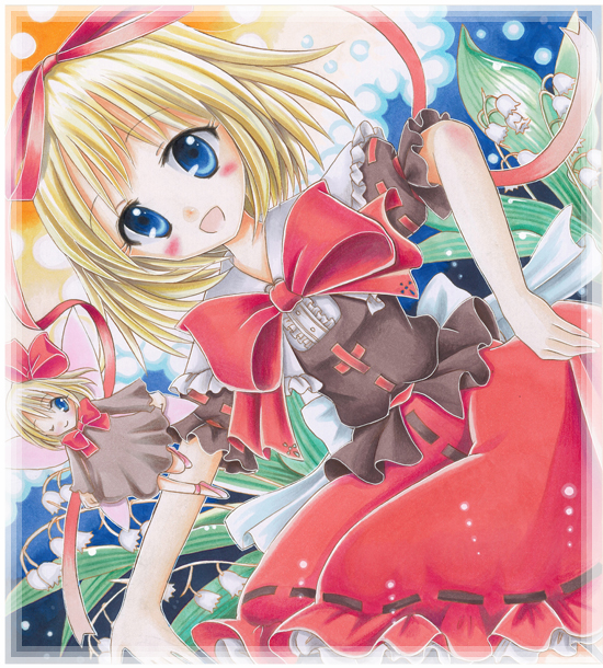 blonde_hair, blue_eyes, colored_pencil_(medium), flower, makimakiringo50, marker_(medium), medicine_melancholy, no_nose