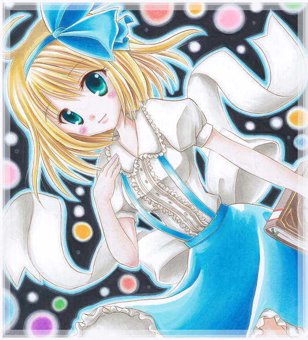 alice_margatroid, alice_margatroid_(pc-98), aqua_eyes, bad_id, blonde_hair, book, colored_pencil_(medium), danmaku
