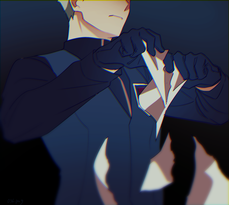 1boy, alternate_color, archer_(pokemon), blue_gloves, blue_vest, blurry, blurry_foreground, closed_mouth, commentary_request, from_below, gloves, hands_up, holding, holding_paper, male_focus, paper, pokemon, pokemon_(game), pokemon_lgpe, shirt, solo, team_rocket, tearing_paper, upper_body, vest, y_(036_yng)