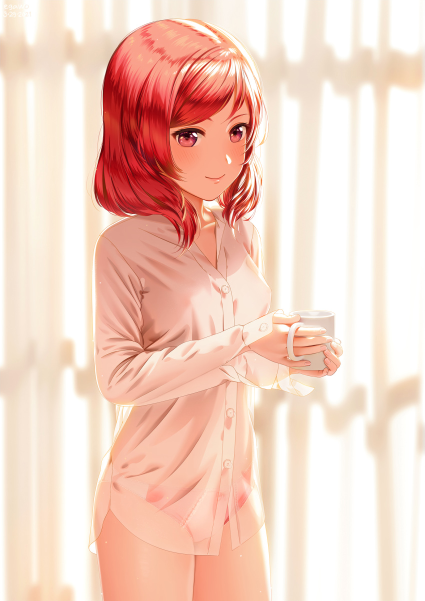 1girl, breasts, coffee_mug, collarbone, collared_shirt, cup, curtains, egawo