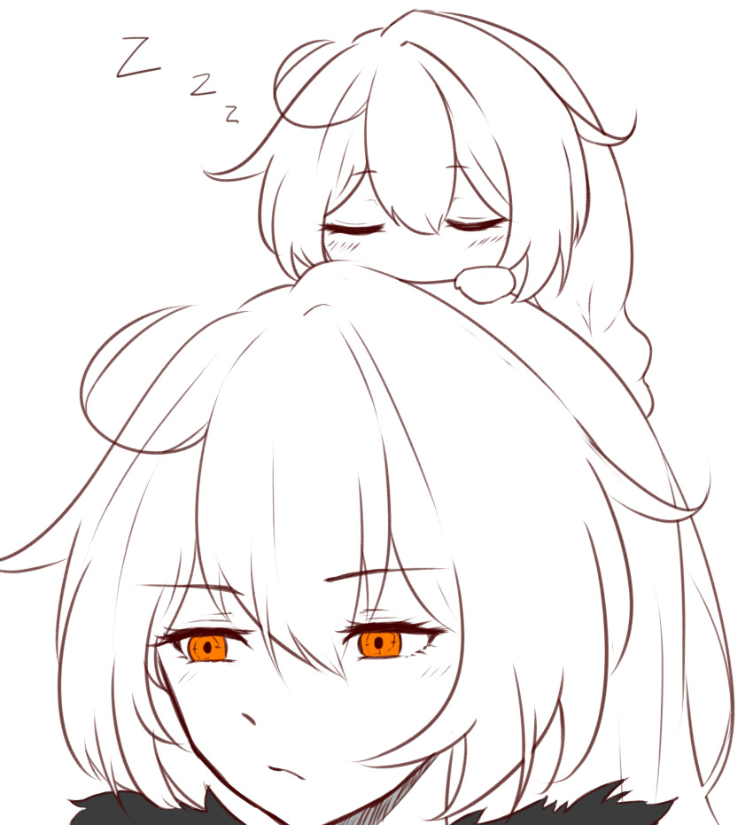 2girls, ahoge, bangs, blush, chibi, closed_eyes, eyebrows_visible_through_hair, fur_trim, hair_between_eyes, highres, honkai_(series), honkai_impact_3rd, kiana_kaslana, kiana_kaslana_(herrscher_of_the_void), multiple_girls, nitro_artz, orange_eyes