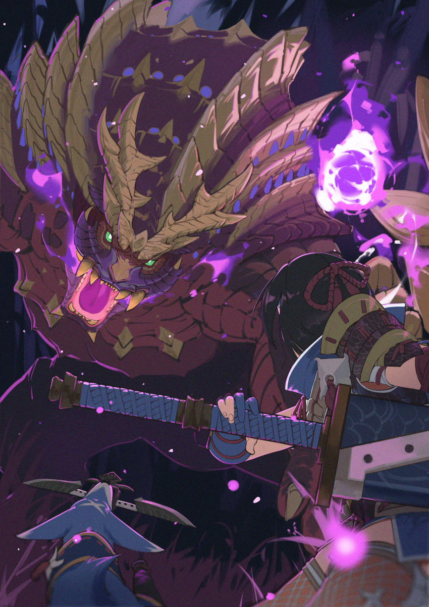1girl, absurdres, animal, armor, black_hair, canyne, capcom, dog