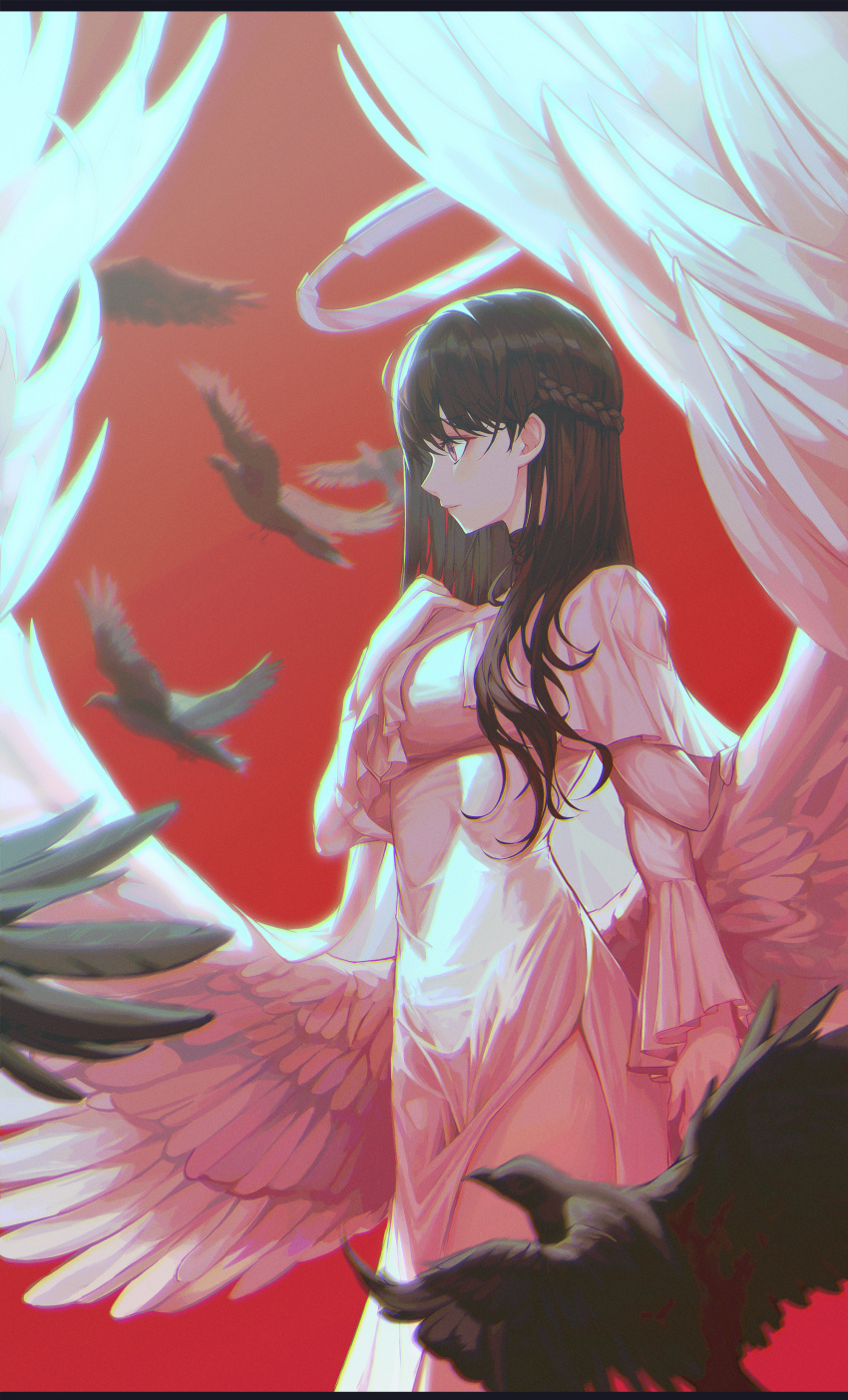 1girl, absurdres, angel, angel_wings, bird, braid, brown_eyes, brown_hair